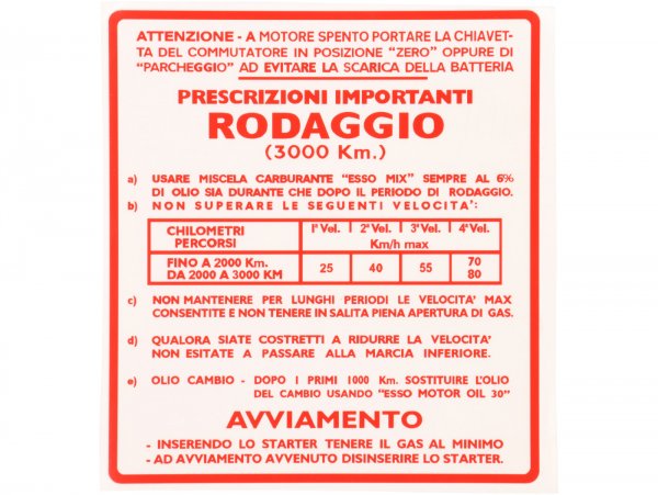 Adhesivo rodaje -CALIDAD OEM- Vespa, italiano, 4 velocidades, proporción de mezcla 6% - rojo