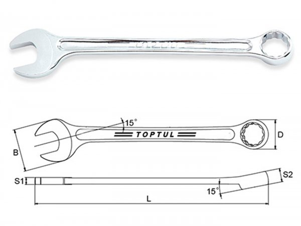 Spanner, 15° offset combination open-ended ring wrench set -TOPTUL Hi-Performance- 19mm