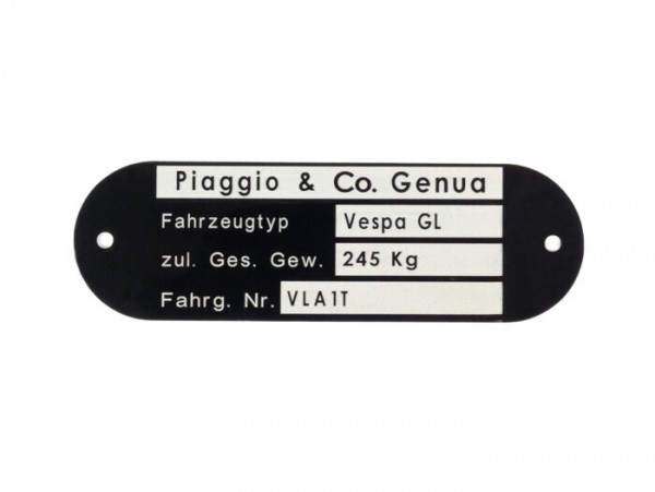 Targhetta identificativa -QUALITÀ OEM- Vespa Piaggio & Co Genua (80x25x0,5mm) - Vespa GL VLA1T