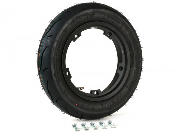 Wheel assembly (tyre mounted on rim ready to drive) -BGM Sport, tubeless, Vespa- 3.00 - 10 inch TL 50S (reinforced) - wheel rim 2.10-10 - black