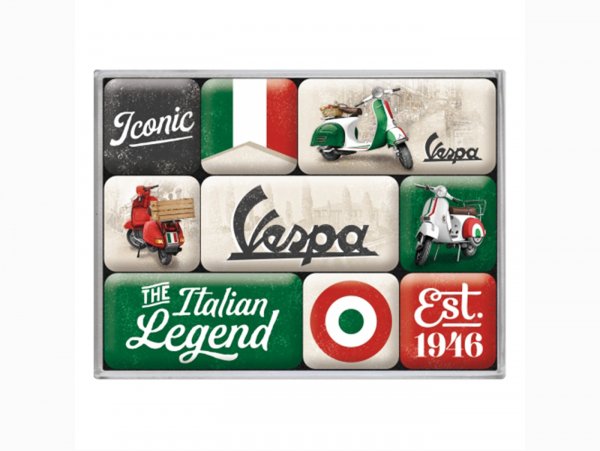 Juego de imanes -Nostalgic Art- Vespa, "The Italian Classic", (9 piezas) - En caja de regalo 7x9,3x2cm