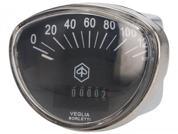 Compteur -RICAMBIO RAPIDO- Vespa Rally180 (VSD1T), Rally200 (VSE1T), Sprint, PV125 - 120km/h (cadran noir, chiffres blancs)
