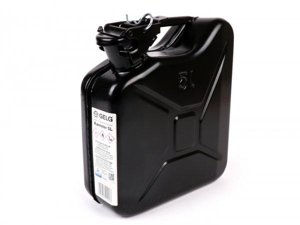 Bidón de gasolina 5l -FA ITALIA, metal- negro (RAL9005) - compatible con portaequipajes delantero Vespa Largeframe Sprint, Rally, TS, GT, GTR, PX (ref. 3332494, 3332495)