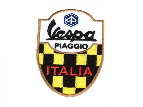 Aufnäher - Patch -Vespa PIAGGIO ITALIA- gelb/schwarz karomuster - 65x85mm