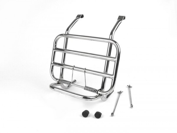 Front rack, fold down -OEM QUALITY- Vespa V50, PV125, ET3 - stainless steel - only for vehicles with steel horn cover