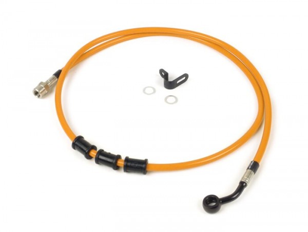 Brake hose, rear, to genuine brake caliper -SPIEGLER hose: stainless steel (orange), fitting: aluminium (black)- Vespa (with ABS) GTS 125i.e. Super ABS (ZAPM45300, ZAPM45301), Vespa GTS 300 ABS (ZAPM45200, ZAPM45202), Vespa GTS 300i.e. Super ABS (ZAP
