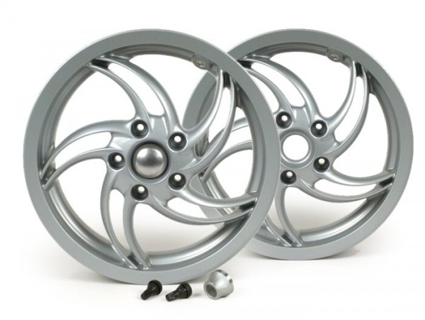 Pair of wheel rims incl. conversion kit -PIAGGIO 3.00-12 inch - 10 spokes- type Fly - fits Vespa GT, GTL, GTS 125-300, GTV - silver