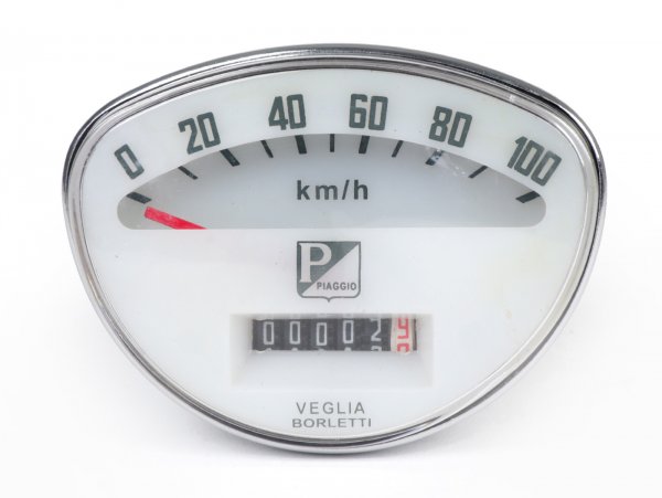 Speedometer -PIAGGIO 100km/h (1965-1971 old rectangle logo)- Vespa 50 Super Sprint (SS50, V5SS1T), Super Sprint 90 (SS90, V9SS1T), 125 Nuova (VMA1T), 125 Primavera (PV125, VMA2T -22874), 125 Super (VNC1T -10399), 150 Super (VBC1T -13599) - 100km/h (w