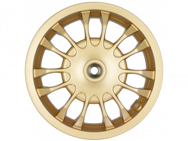 Wheel rim, rear, golden -PIAGGIO 3.00-12 inch, Ø brake drum = 140mm - 14 spokes- Vespa Sprint 125 (ZAPM81300, ZAPM81301, ZAPMA1300, ZAPMA1301, ZAPMD1101), Vespa Sprint 150 (ZAPM81401, ZAPMA1400, ZAPMA1401, ZAPMD1201), Vespa Sprint 50 (ZAPC53101, ZAPC