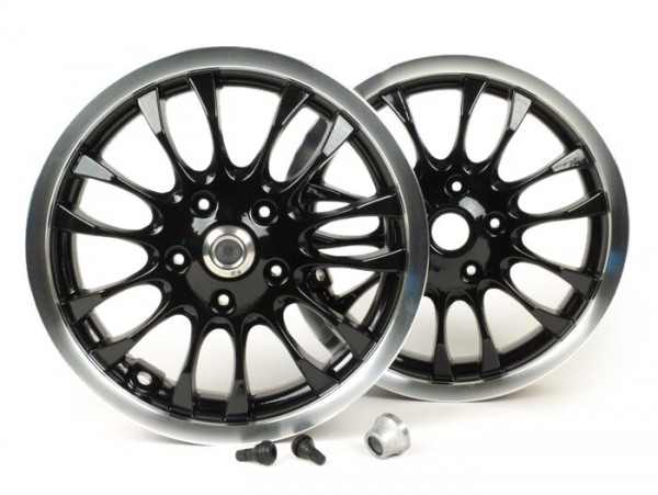 Pair of wheel rims incl. conversion kit -PIAGGIO 3.00-12 inch - 14 spokes- type Vespa Sprint 50-150cc - fits Vespa GT, GTL, GTS 125-300, GTV - black, polished rim