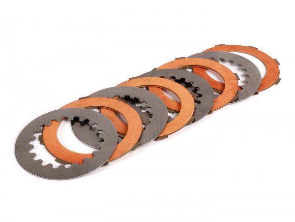 Clutch friction plate set incl. steel plates -FERODO 'Race 'High Performance Carbon' Vespa Cosa2- suitable for standard clutch basket of Vespa Cosa2/FL (1992-), PX (1995-), Superstrong, Scooter & Service, MMW, Ultrastrong - 4 plates