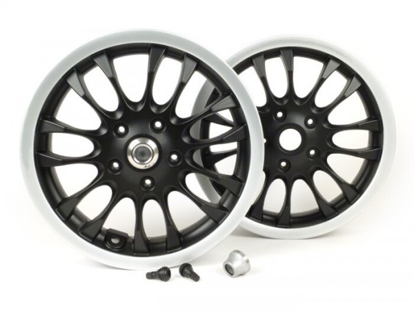 Pair of wheel rims incl. conversion kit -PIAGGIO 3.00-12 inch - 14 spokes- type Vespa Sprint 50-150cc - fits Vespa GT, GTL, GTS 125-300, GTV - matt black/silver rim