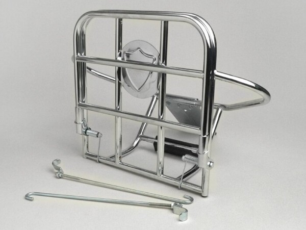 Rear rack, fold down + spare wheel holder -AMS CUPPINI- Vespa 125-150 (-1966, models with 8 inch wheels) - chrome