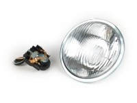 Headlight -OEM QUALITY Ø=115/120mm- SS50, SS90, Vespa SS50 (V5SS1T), 50SR (V5SS2T), SS90 (V9SS1T), 90 Racer (V9SS2T), PV125 (VMA1T, VMA2T), ET3 VMB1T), Super (VNC1T/VBC1T) - real glass - with bulb holder