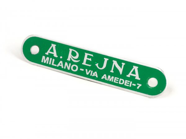 Seat badge Vespa and Lambretta -MADE IN ITALY- A. Rejna (Milano - Via Amedei 7) - green