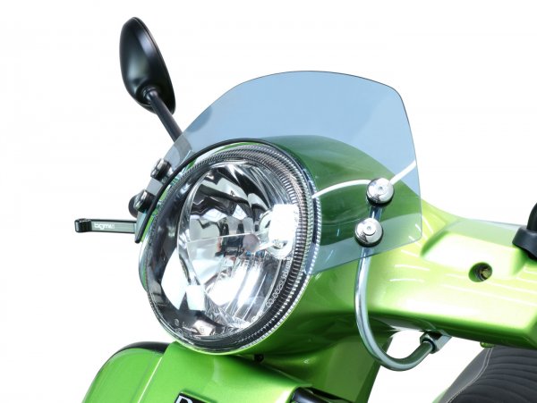 Windschutzscheibe mit verchromten Haltern -MOTO NOSTRA, b=300mm, h=105mm- Vespa GT, GTL, GTS, GTS Super 125-300ccm (-2018) - grau getöntes Glas