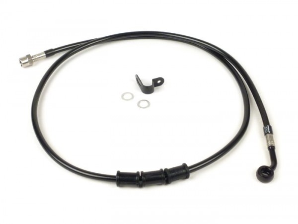 Brake hose, rear, to genuine brake caliper -SPIEGLER hose: stainless steel (black), fitting: aluminium (black)- Vespa (with ABS) GTS 125i.e. Super ABS (ZAPM45300, ZAPM45301), Vespa GTS 300 ABS (ZAPM45200, ZAPM45202), Vespa GTS 300i.e. Super ABS (ZAPM