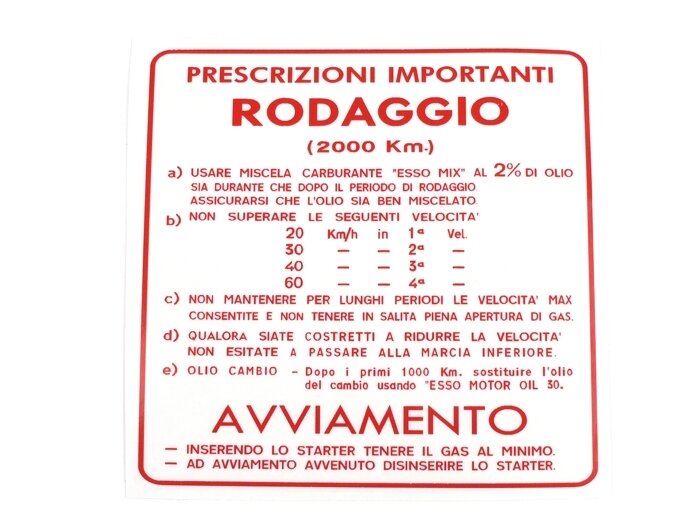 Einfahrvorschrift Rodaggio Aufkleber rot Vespa Rally 180 Rally 200