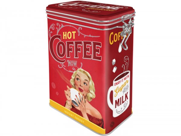 Lata de café, lata de aroma, caja con clip -Nostalgic Art- "Hot Coffee Now" - 7.5x11x17.5cm (1.3l)