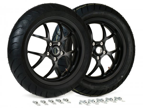 Complete wheel set (front+rear incl. mounting kit) -BGM PRO SPORT 13 inch- DUNLOP ScootSmart 120/70-13  + 130/70-13 - Vespa GTS, GTS Super, GTV, Sei Giorni, GT 60, GT, GT L 125-300ccm - matt black