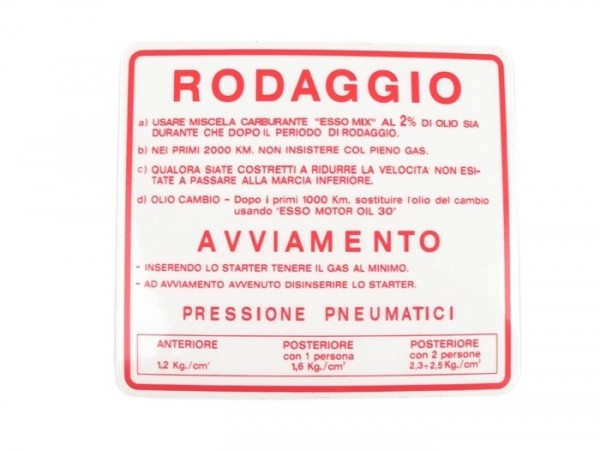 Adhesivo rodaje -CALIDAD OEM- Vespa, italiano, proporción de mezcla 2% - rojo
