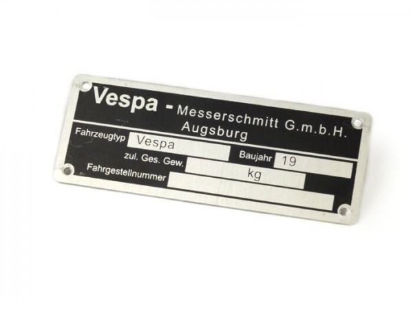Placa de bastidor -CALIDAD OEM- Vespa Messerschmidt GmbH Augsburg (80x30x0,5mm) - rectangular