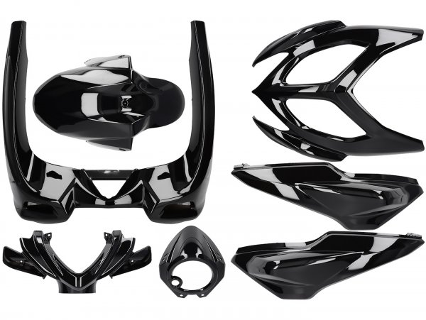 Kit elementos carenado -DMP- 7 piezas- Yamaha Aerox 2013 (YQ50/L, 2-tiempos), MBK Nitro 2013 (YQ50/L, 2-tiempos) - negro
