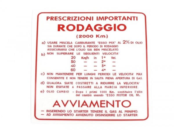 Adhesivo rodaje -CALIDAD OEM- Vespa, italiano, 4 velocidades, proporción de mezcla 2% - rojo