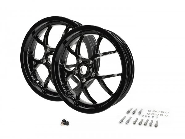 Rim set (front+rear incl. mounting kits) -BGM PRO SPORT - 3.00-13 inch - Vespa GTS, GTS Super, GTV, Sei Giorni, GT 60, GT, GT L 125-300ccm - glossy black