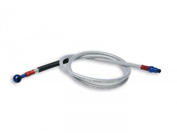 Brake hose, front, for genuine brake caliper -MALOSSI hose (stainless steel), fitting: aluminium  (blue)- PIAGGIO ZIP SP
