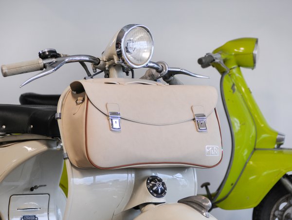 Leg shield bag, leather, outside, beige -M&R, Made in Italy- Vespa VM, VN, VL, VB