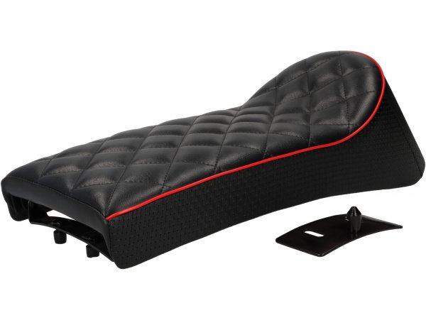Seat -MADE IN ITALY sportback short- Lambretta LI, LI S, SX, TV, DL, GP - Black with red piping - diamond pattern on top - seat base metal
