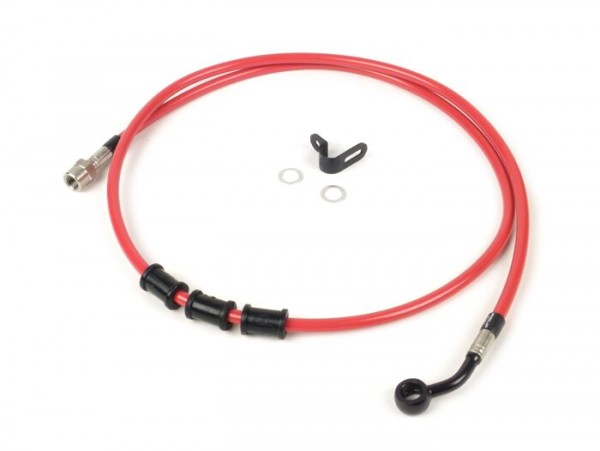 Brake hose, rear, to genuine brake caliper -SPIEGLER hose: stainless steel (red), fitting: aluminium (black)- Vespa (with ABS) GTS 125i.e. Super ABS (ZAPM45300, ZAPM45301), Vespa GTS 300 ABS (ZAPM45200, ZAPM45202), Vespa GTS 300i.e. Super ABS (ZAPM45