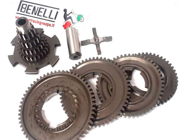 Gearbox incl. gear cluster, cruciform, gear cogs 1, 2, 3, 4, shift bushing -BENELLI- Vespa Wideframe GS150 (VS1-5T)/ VDTS - 12/58 - 16/54 - 20/50 - 24/46