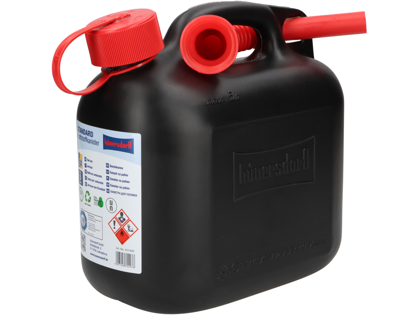 Benzinkanister 5 Liter - UN-geprüft 670 gramm schwarz/Gelb mit Ausgießer 