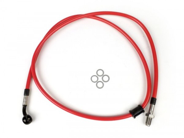 Brake hose, front, to brake caliper Brembo P4 30/34 -SPIEGLER hose: stainless steel (red), fitting: aluminium (black)- Vespa (with ABS) GTS 125i.e. Super ABS (ZAPM45300, ZAPM45301), Vespa GTS 300 ABS (ZAPM45200, ZAPM45202), Vespa GTS 300i.e. Super AB