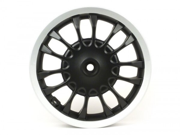 Wheel rim, rear -PIAGGIO 3.00-12 inch, Ø brake drum = 140mm - 14 spokes- Vespa Sprint 50 (ZAPC53101), Sprint 125, Sprint 150 - matt black/silver rim