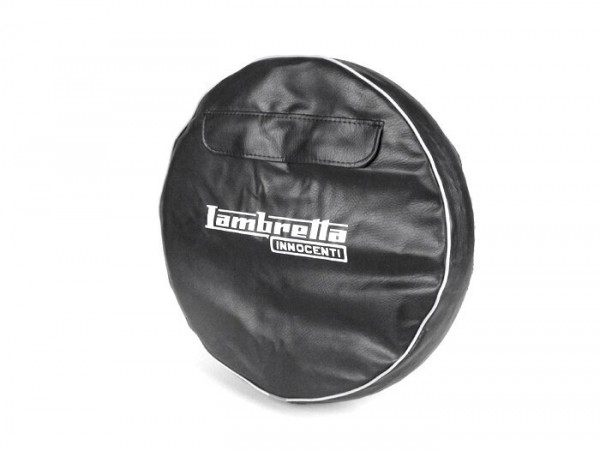 Spare wheel cover -MADE IN VIETNAM- Lambretta 3.50 - 10- black, with pouch, white piping, Innocenti lettering