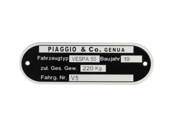 Vehicle ID number plate -OEM QUALITY- Vespa Piaggio & Co Genua (80x25x0,5mm) - Vespa 50 V5