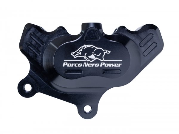 Brake caliper, front (with TÜV parts certificate) -PORCO NERO POWER 2.0 CNC by Spiegler 4-piston, Ø=25/29mm- Vespa GT/GTS/GTV 125-300cc (with and without ABS)