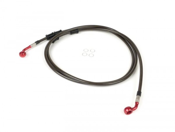 Brake hose, rear, for genuine brake caliper -SPIEGLER hose: stainless steel (colour: carbon), fitting: aluminium (red)- Vespa (without ABS) GTS 250 (ZAPM451), GTS 125 i.e. (ZAPM453), GTS 300 i.e. (ZAPM452)