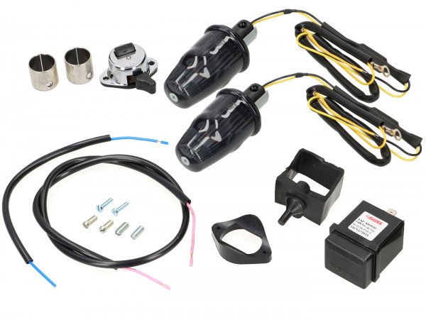Conversion kit for handlebar indicators -MOTO NOSTRA, LED, E-marked, 12 Volt- Vespa Smallframe V50, 50N, PV, ET3, Largeframe Rally, Sprint, TS, GT, GTR, SS180 - Ø=24mm - black