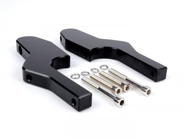 Pair of foot peg adapters for pillion rider -MOTO NOSTRA, CNC, black shiny- Vespa GT, GTL, GTS, GTV 125-300 - until 2024