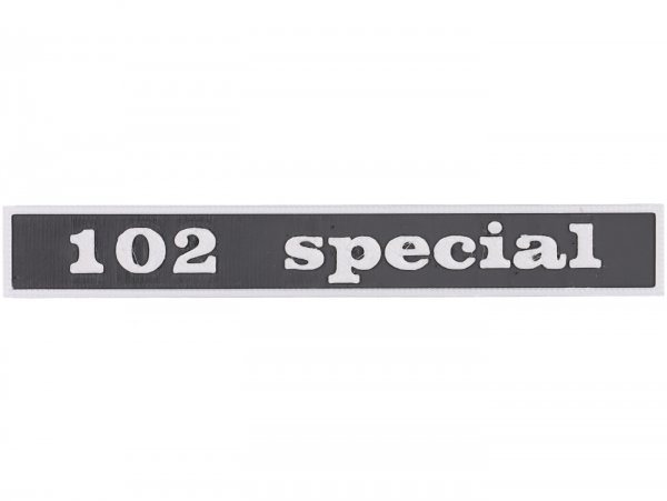 Badge -VESPTEC 102 special- rear for Vespa 50 Special (V5B1T 38640-), V5B3T, 132x17 mm - plastic - (black/aluminium)
