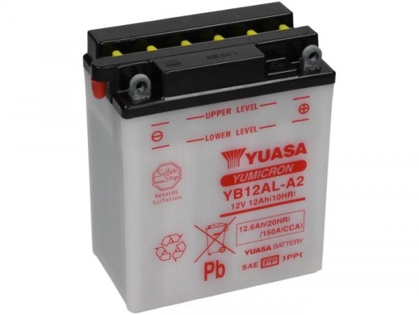 Batterie -Standard YUASA YB12AL-A(2)- 12V, 12Ah - 165x80x135mm (ohne Säure)