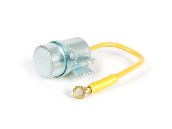 Capacitor -RMS Ø 18x27 mm- Vespa Ciao SC, Bravo, Boxer - with fixing eyelet, 1 cable (yellow)